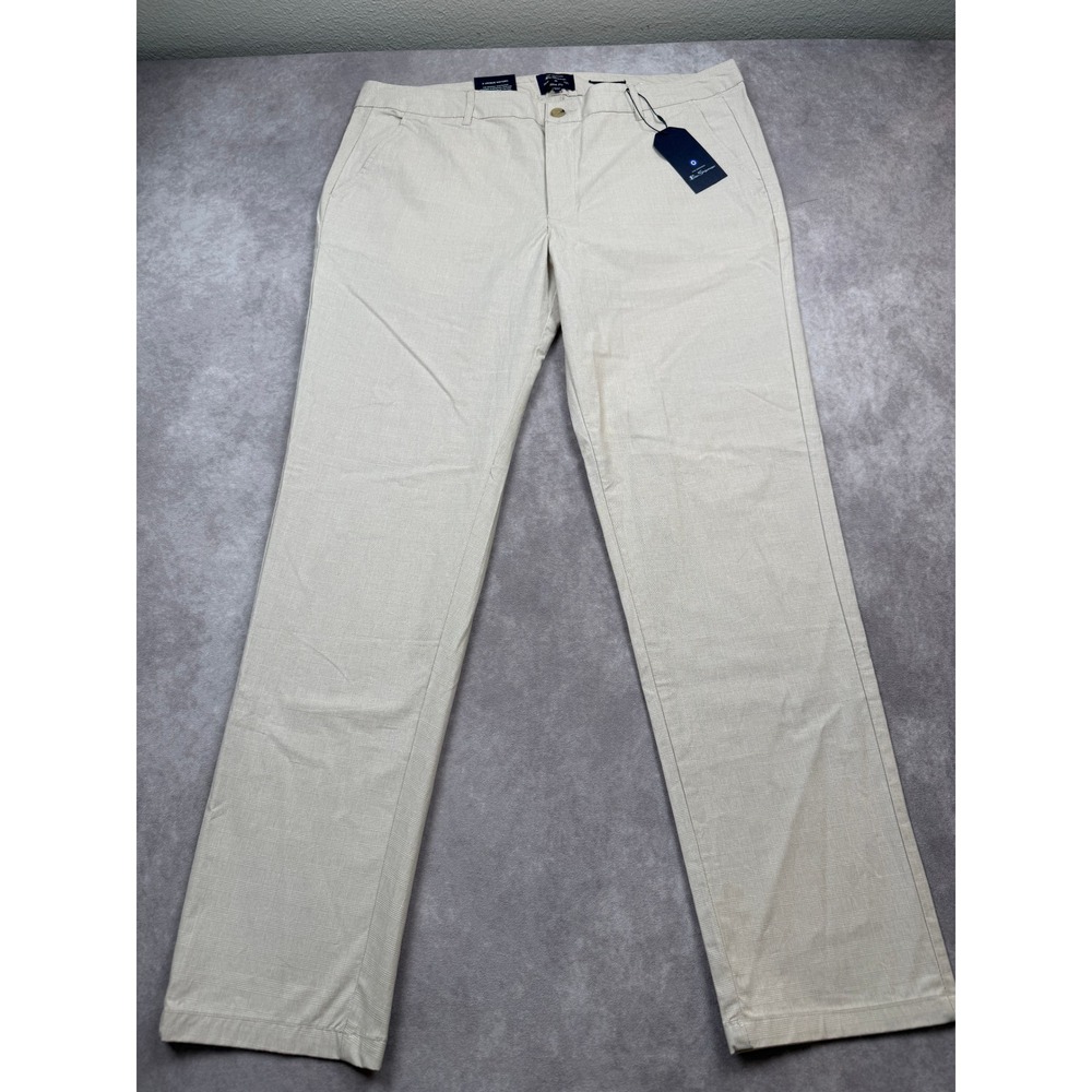 NWT Ben Sherman Mens 38x32 Slim Stretch Glen Beige Plaid Trousers Pants‎ Preppy